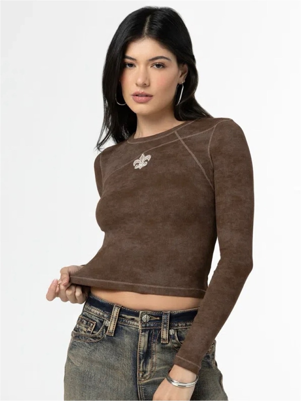 Miss Me “Bianka” brown ribbed fitted cropped long sleeve shirt (small)